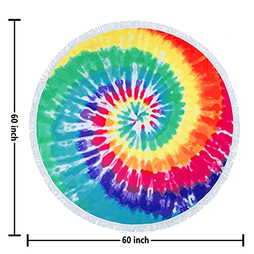Violet Mist Round Beach Towel Tie Dye Round Beach Blanket Oversized Microfiber Blanket Extra Large Absorbent Fast Dry Sand Free Swim Pool Travel Yoga 60 inch Circle Towel with Tassels - color: Colorful Rainbow