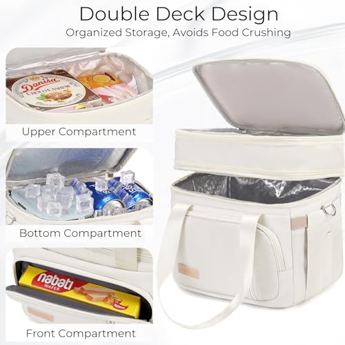 MAPLELILY Lunch Box for Men Women - Double Deck Insulated Lunch Bag, Large Leak Proof Tote Cooler, Wide Open Dual Compartment Lunch Bags with Shoulder Strap, For Work Picnic Hiking Beach, Beige - color: Beige