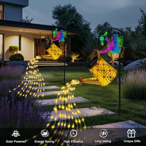Solar Lights Garden Decorative, Solar Watering Can with Cascading Lights, Waterproof Metal Lantern with Fairy Shepherd Hook, Outdoor Decor for Yard, Patio, Lawn, and Pathway, Gardening Gifts for Mom - color: Flower Fairy, size: 1 Pack