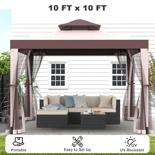 Gazebo, 10'x10' Patio Gazebo Outdoor Waterproof Canopy Tent UV-Resistant 2-Tier Top Sturdy Canopy Shelter Tent for Camping with Removable Netting for Garden Patio Backyard (Red & Brown, 10' x 10') - color: Red & Brown
