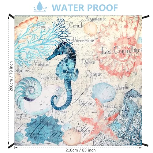 AISPARKY Beach Blanket Waterproof Sandproof Extra Large, Oversized Beach Mat, Quick Drying&Compact&Lightweight, Picnic Blankets Vacation Essentials for Outdoor Beach Camping (79" X 83" (4 Person)) - color: Blue - Vintage Seahorse, size: 6'11" x 6'7"