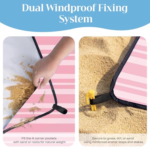 OIGAE Oversized Beach Blanket, 9×10 ft Sand-Free Outdoor Mat for Groups, Quick-Dry Picnic Blanket with Stakes & Corner Pockets, Pink Stripe - color: Pink Stripe, size: 9x10 Ft (2～8 person)