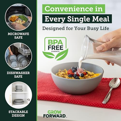 Grow Forward 16-piece Premium Wheat Straw Dinnerware Sets for 4 - Unbreakable Dishwasher & Microwave Safe Plastic Plates and Bowls Sets - Patio, Outdoors, RV, Camping Dishes - Feather - color: Feather Grey