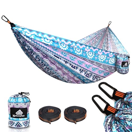 NATUREFUN Ultra-Light Travel Camping Hammock | 300kg Load Capacity,Breathable,Quick-Drying | 2 x Premium Carabiners,2 x Nylon Slings Included | Outdoor Indoor Garden - color: Ethnic, size: 275x140cm