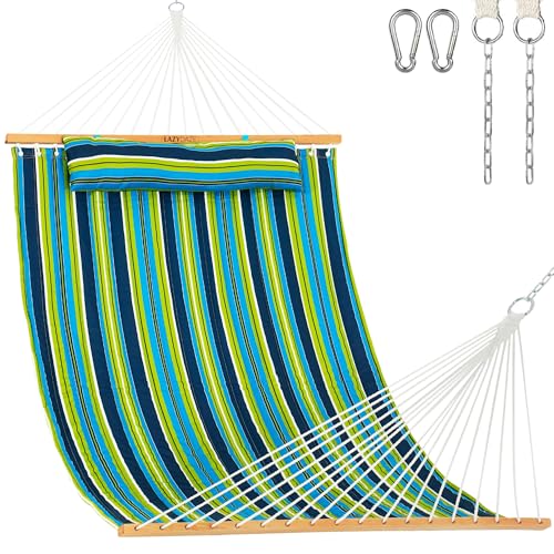 Lazy Daze Hammocks 12 FT Quilted Fabric Double Hammock with Spreader Bars and Detachable Pillow, 450lbs Weight Capacity, Blue Green Stripes - color: Blue Green Stripes