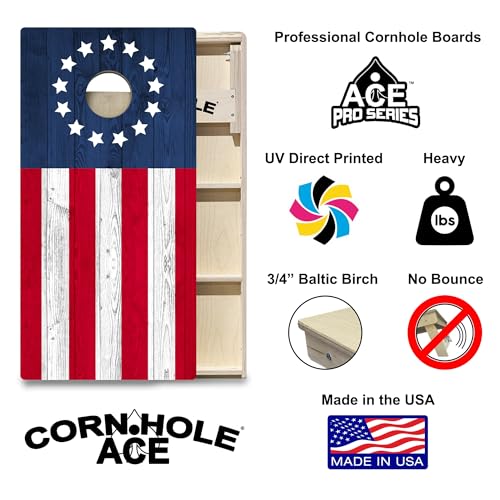 CornholeAce ACE PRO American Flag Cornhole Board Set - No Bounce! Triple Wide Legs, 3/4" Baltic Birch Plywood, Handles, Regulation Size (4x2ft), Tournament Style, Made in USA - color: Betsy Ross Flag