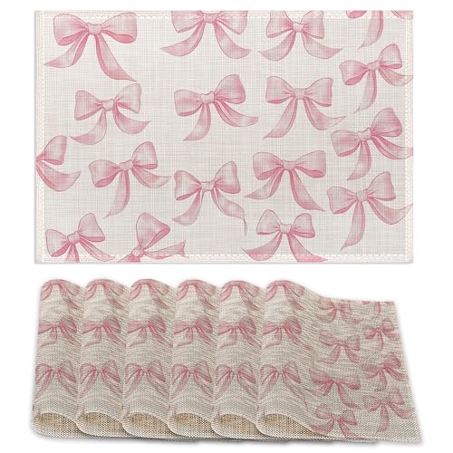 Pink Bows Placemats Set of 6,Cute Waterproof Non-Slip Washable Table Mats for Kitchen Dining Holiday Party Wedding Decor 12x18 Inch - color: Pink Bows,cute