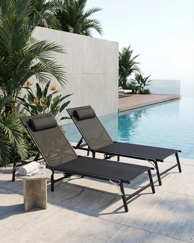 2 Pack Foldable Chaise Lounge Chair with Cup Holder, Assemble-Free Outdoor Lounge Chair with Detachable Pillow and 6 Adjustable Backrest, Patio Lounge Chair for Outside Poolside Beach Pool, Black - color: Black, size: 2-Pack