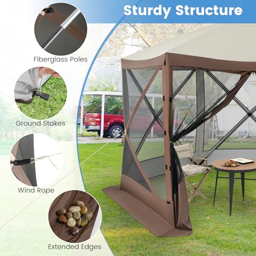 Tangkula 11.5x11.5 Ft Pop Up Gazebo with Netting, Portable Screen Tent with 6 Sided Mesh Walls, 2 Sunshade Cloths, Outdoor Instant Canopy Shelter with Carry Bag for Camping, Lawn, Backyard - color: Brown, size: 11.5x11.5 Ft