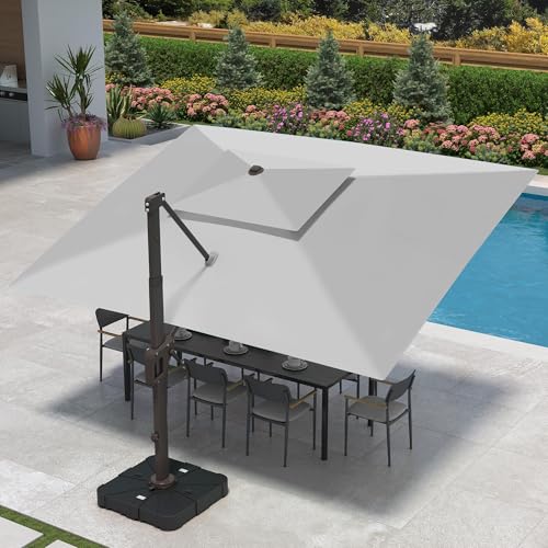 9 X 12 FT Cantilever Patio Umbrella with Led Lights Outdoor Heavy Duty Double Top Rectangle Offset Umbrellas with 360-degree Rotation for Pool Deck Backyard, Foggy Grey - color: Foggy Grey, size: 9' X12' Only Umbrella(LED)