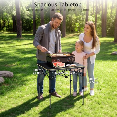 Anbte Camping Table Foldable, 2 Height Max 27.5" Aluminum Roll up Camping Table with Carry Bag & Heat-Resistant Tabletop, Lightweight, for Indoor Outdoor RV BBQ Picnic Patio Beach, 26" x 23", Black - size: 67 x 58 x [44/70] cm