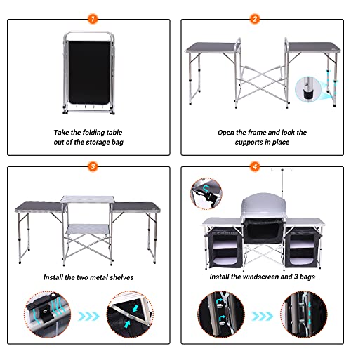 Nice C Camping Kitchen Table, Folding Grill Table, Upgrade Light Stand and Windshield Cooking Station & 3 Organizers, Carry Bag for Outdoor, Beach, BBQ, Picnic, Cooking, Indoor, Office(Silver)