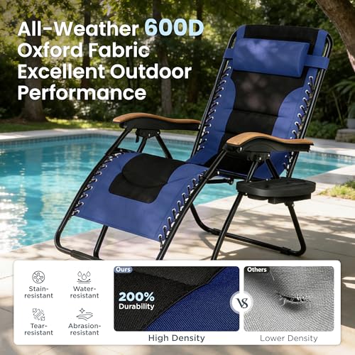 PHI VILLA XXL Oversized Padded Zero Gravity Chair Set of 2, Foldable Patio Recliner, 30" Wide Seat Anti Gravity Lounger with Armrest and Cup Holder, Support 400 LBS (Navy Blue) - color: Navy Blue, style: 2 Pcs