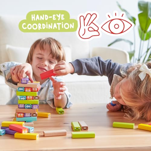 Nene Toys Wooden Tumble Tower Game with Animals & Colors, 4-in-1 Educational Family Board Game for Kids Ages 3-9, Creativity & Cognitive Skills Booster - Gift for Boys Girls 3+ Years - style: Animals