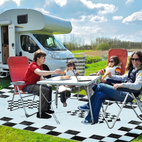 EEZ RV Products 9'x18'cf Heavy Duty Reversible/Durable Outdoor RVing/Boondocking Mats (9ft x18ft Black & White Checker Flag) Come with Large Storage Bag & 6 Sets of Stakes and Washer - color: Checker Flag, size: 9' x 18' (Rectangular)