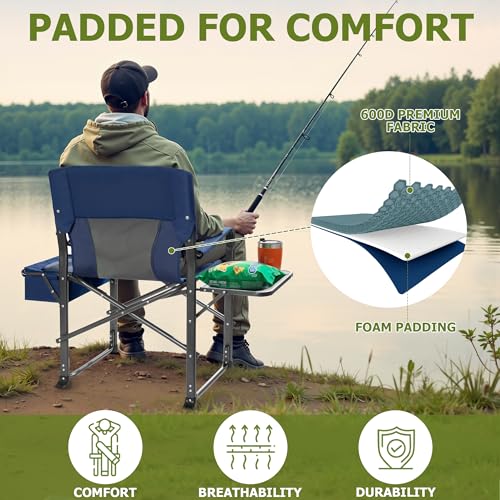 Fenbeli Oversized Folding Director Chair with Side Table and Cooler Bag - Portable Camping Chair with Cup Holder, Padded Armrests, 400LBS Capacity for Outdoor Camping, Lawn, Picnic (Blue) - color: Blue