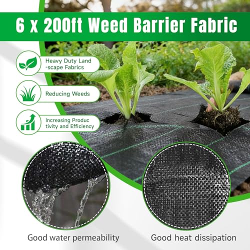 Weed Barrier Fabric Planting Cover - 6 x 200 FT Heavy Duty Landscape Fabric Ground Cover Block for Outdoor Planting - size: 6 x 200 FT