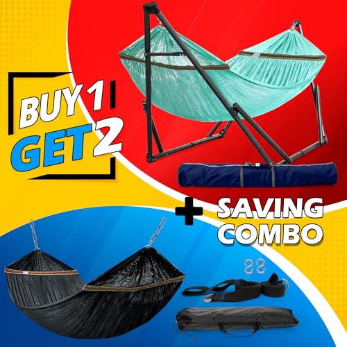 Tranquillo Combo x2 Hammocks with Stand for Outside & Tree Straps, Heavy Duty Hammock with Stand 600lbs for Indoor Outdoor Patio Backyard, x2 Hammocks for 2 Person (Combo - Sky, Medium) - color: Combo - Sky