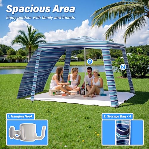 Beach Cabana-6.6x6.6’Beach Canopy with Side Wall,Portable Umbrella Tent with Sand Pockets for Family & Friends,Easy Up Beach Sun Shelter for Outdoor Patios,Backyards,and Camping,Stripe - style: Stripe