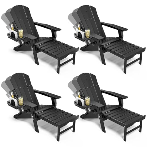NAVINE Adjustable Adirondack Chair with Retractable Ottoman Set of 4, HDPE Folding Adirondack Chair with Cup Holder, All Weather Fire Pit Chair for Outdoor,Black - color: Black, size: 4 pcs