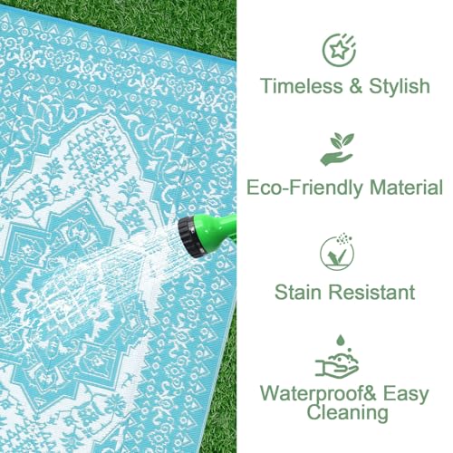 COZYLOOM Outdoor Rug 9' x 18' Waterproof for Patios Clearance, Reversible, Plastic Straw Camping Rug Carpet with 4 Stakes, Large Area Rugs for RV, Picnic, Backyard, Deck, Balcony, Porch, Blue & White - color: Vintage Blue/White, size: 9'x18'