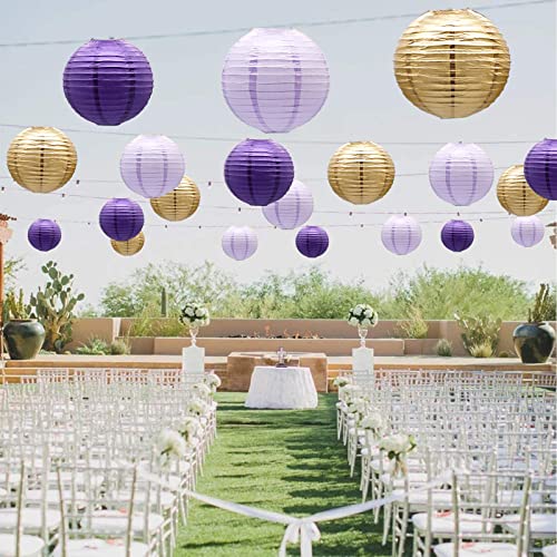Paper Lanterns Decorative, Round Hanging Lanterns Party Supplies for Graduation Bachelorette Gender Neutral Baby Shower Birthday Party Decorations Purple/Lavender/Gold 21pcs - color: PurpleGold