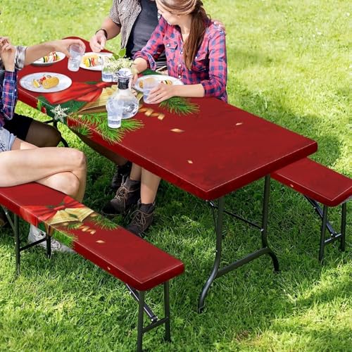 Christmas Elastic Fitted Table Cloth for Camping Party Christmas Bells Picnic Table Cover with Bench Covers 3 PCS for Outdoors - color: Christmas Bells, size: Small