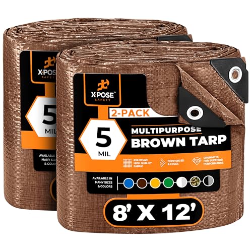 Multipurpose Protective Cover Brown Poly Tarp 8' x 12' (2-Pack) - Durable, Water Resistant, Weather Resistant - 5 Mil Thick Polyethylene - by Xpose Safety - color: Brown, size: 8 Feet x 12 Feet (2pk)