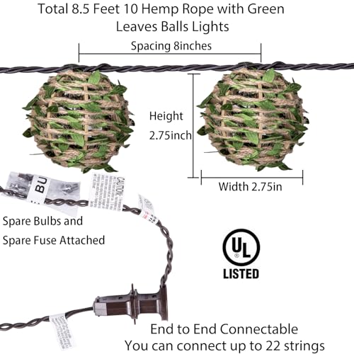Decorative Lantern String Lights, Outdoor Plug in Hanging Lights with 10 Natural Hemp Rope Leaf Balls, Connectable Weatherproof Patio Globe Boho String Lights for Home Pergola Porch Party Backyard - style: Hemp Rope with Green Leaf Balls