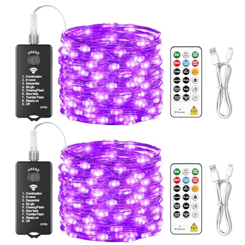 HXWEIYE Rechargeable Fairy Lights with Remote, 2 Pack 33ft 100LED Twinkle Lights with DIY Timer & Light Sensor, Waterproof Outdoor String Lights for Bedroom Patio Christmas Tree Decor, Purple - color: Purple, size: 100 LEDs - 2Pack