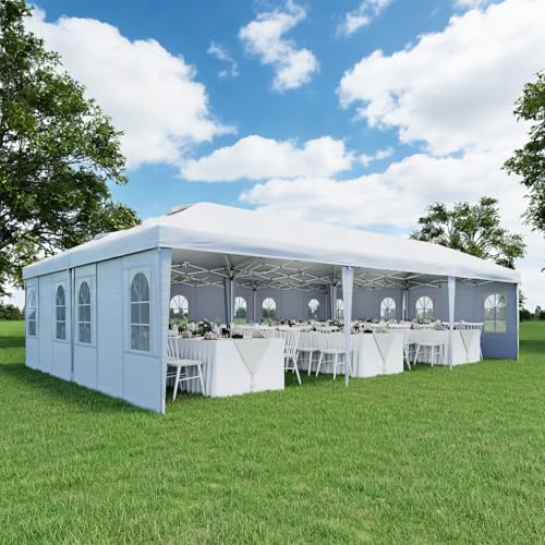 EROMMY 10x30 Heavy Duty Pop Up Canopy Tent with 8 Removable Sidewalls, Waterproof UV50+ Gazebo with Mosquito Netting, Easy Setup Instant Shelter for Backyard, Party, Wedding & Commercial Use, White - color: White, size: 10’x 30’