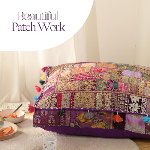 THE ART BOX Cotton Patchwork Vintage Boho Embroidered Floor Pillows & Cushion Cover Dog Pouf Seating Pouf Meditation Pillow Pet Bedding Cat Bed Boho Home Décor (35x35 Inches, Cover Only) - color: Purple