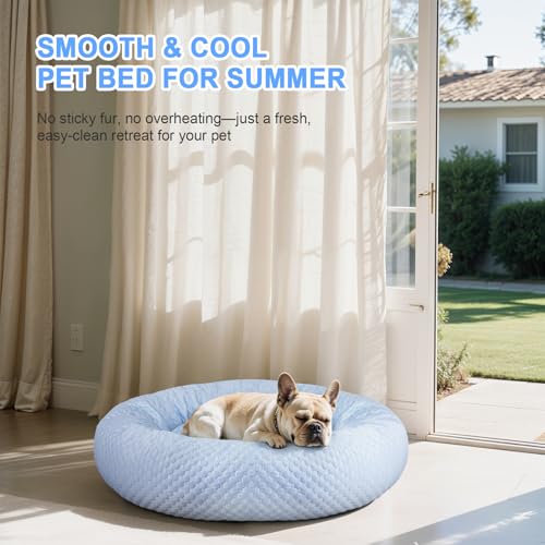 Donut Dog Bed for Small & Medium Dogs - Cooling Pet Bed with Non-Slip Bottom, Summer Comfort Dog Beds for Puppies, Washable & Portable Egg Tart Shape (M) - color: Blue Donut, size: Medium