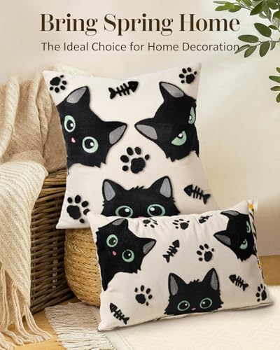 Embroidered Throw Pillow Cover 20x20 Inch - Spring Summer Boho Decorative Pillow Cover with Zipper for Living Room Couch Sofa Bed Aesthetic Design Cat Bone Cushion Pillowcase - color: Cat Bone, size: 20" x 20" (Pack of 1)