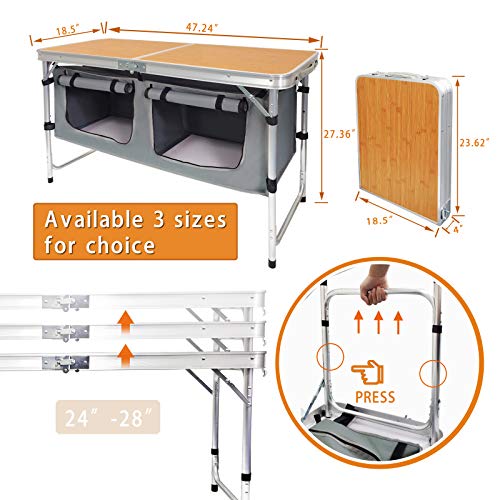 Folding Camping Table with Storage Lightweight Camp Tables Portable Indoor/Outdoor Collapsible Table Height Adjustable Camp Kitchen Perfect for Picnic, Beach, Travel, Tailgating, Backyards, BBQ, Party - color: Bamboo Standard