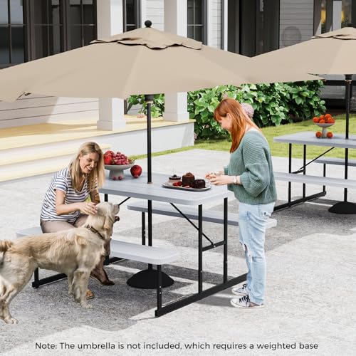 LDAILY Picnic Tables with Benches, Rectangular Dining Table Set for Outside 4 People, HDPE Tabletop, Metal Frame, Umbrella Hole, Heavy Duty Picnic Table for Outdoors, Patio, Lawn, Commercial (White) - color: White