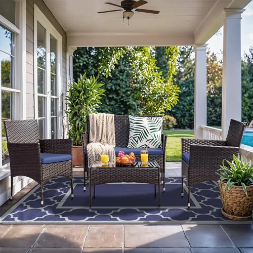 GENIMO 4 ' x 6 ' Outdoor Rug for Patio Clearance, Waterproof Indoor Outdoor Plastic Straw Rugs Carpet, Reversible Outside Area Rv Mat for Camping, Balcony Porch, Deck, Picnic, Beach (Blue & Gray) - color: Blue & Grey, size: 4' x 6' (Rectangular)