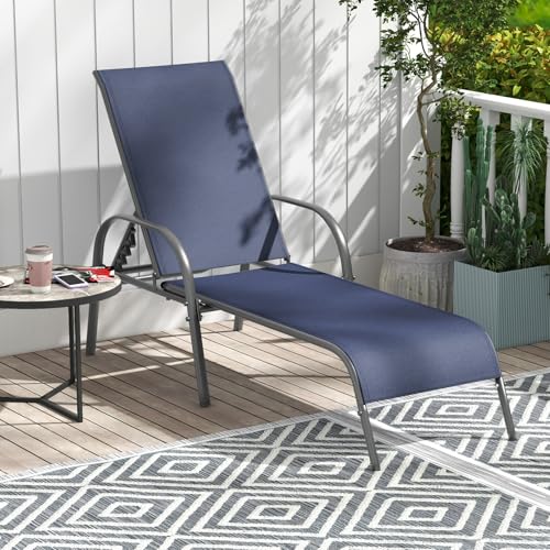 Giantex Patio Lounge Chair, Outdoor Chaise Lounge with 5 Adjustable Backrest, Sturdy Steel Frame, Sunbathing Recliner, Tanning Chair for Beach, Outside, Yard, Balcony, Pool Chairs, Navy - color: Navy