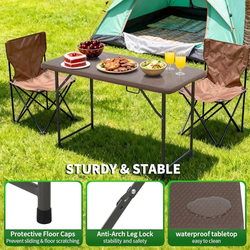 BestOffice 4 FT Picnic Table Folding Table Camping Plastic Table Fold Up Table Lock for Party Event, Brown Ratten - color: Brown Ratten, size: 4 FT