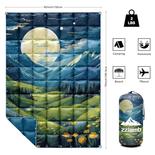 zzlamb Camping Blanket for Cold Weather,Outdoor Puffy Blanket Portable Down Alternative,Windproof Warm Cloak with Snaps,Cozy Quilt Backpacking Picnic RV Travel Plane Car Hammock Beach Climbing - color: Chirping of Summer Night, size: 52x75in