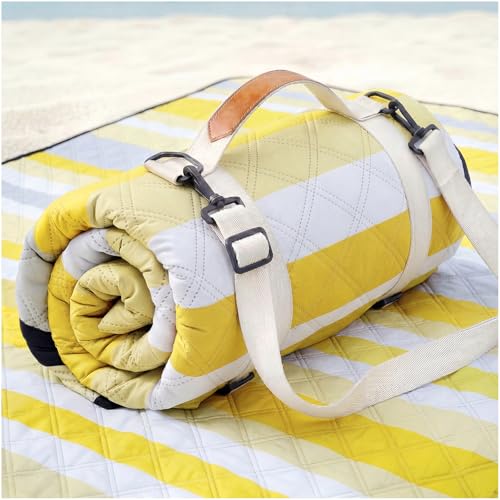 Genovega Waterproof Beach Blanket Picnic Outdoor Mat Rug Extra Large Portable Umbrella Wagon Folding Pop Tent Sun Shelter Shade Canopy Ball Cart Cool Cabana Anchor Fan Mesh Bag Tote Toallas Manta - color: Lemon Yellow Stripe