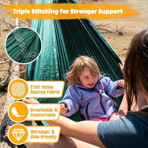 NATUREFUN Ultra-Light Travel Camping Hammock | 300kg Load Capacity,Breathable,Quick-Drying | 2 x Premium Carabiners,2 x Nylon Slings Included | Outdoor Indoor Garden - color: Dark Green, size: 300x200cm