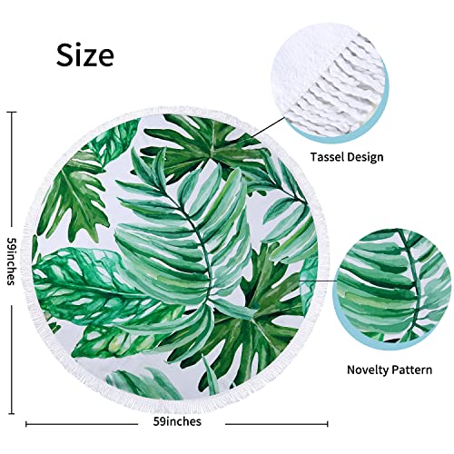 Benefeet Sox Beach Towel Large Round Mandala Pool Towels Tassels Microfiber Quick Dry Beach Blanket Throw Bohemian Roundie Swim Pool Circle Towel, 59 Inches - color: Tropical Palm Leaves