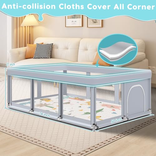 Fshibila 74" ×50" Large Baby Playpen, Baby Playard for Babies and Toddlers, Play Pens for Indoor & Outdoor, Sturdy Safety Play Yard with Soft Breathable Mesh, Anti-Fall, Grey (with MAT) - color: Grey, size: 74 x 50 IN+MAT