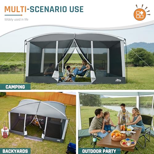Screen House Tent 13x9ft Screen Room Mesh Gazebos w/ 2 Magnetic Doors, Included Projection Screen, Camping Tent Screened Canopy Shelter for Outdoor Patios Backyards Activities (Gray)