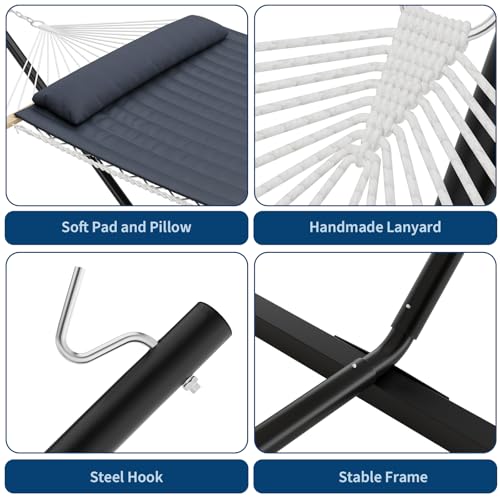 Double Hammock with Stand, Heavy Duty 475 lbs 2-Person Cotton Rope Hammock with Reversible Quilted Pad & Hardwood Spreader Bars, Portable Easy Assembly for Outdoor & Indoor Use, Gray