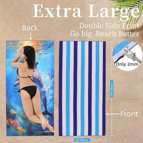 Microfiber Beach Towels 70''x35'' Extra Large Oversized 2 Pack Quick Dry Sand Free Blue White Striped Towel Cute Dolphin for Adults Women,For Pool Spa Swim Travel Yoga - Portable&Lightweight - color: 2 Pack Dolphin Upgraded Version