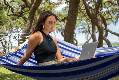 SUPERJARE Hammock with Stand, 2 Person Heavy Duty Hammock with Padded Cotton, Detachable Pillow & Strong Curved-Bar & Portable Carrying Bag, Perfect for Outdoor & Indoor, Navy Blue Stripe - color: Navy Blue Stripe