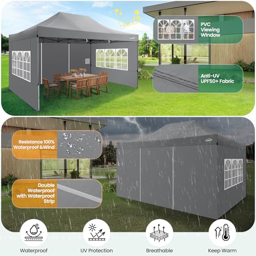 COBIZI 10x15 FT Heavy Duty Pop up Canopy with 4 Removable Sidewalls, Easy up Gazebo High Stability, All Weather Sunshade 100% Waterproof Outdoor Canopy Tents with Carry Bag, Gray - color: Gray, size: 10x15 with 4 sidewalls