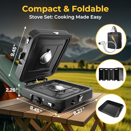 2 Burner Portable Camping Stove Propane, Folding Propane Stove for Camping, Camp Stove with 17,000 BTU,Two Adjustable Burners Gas Camping Stove with Carrying Bag for Outdoor Cooking,BBQ - color: Black